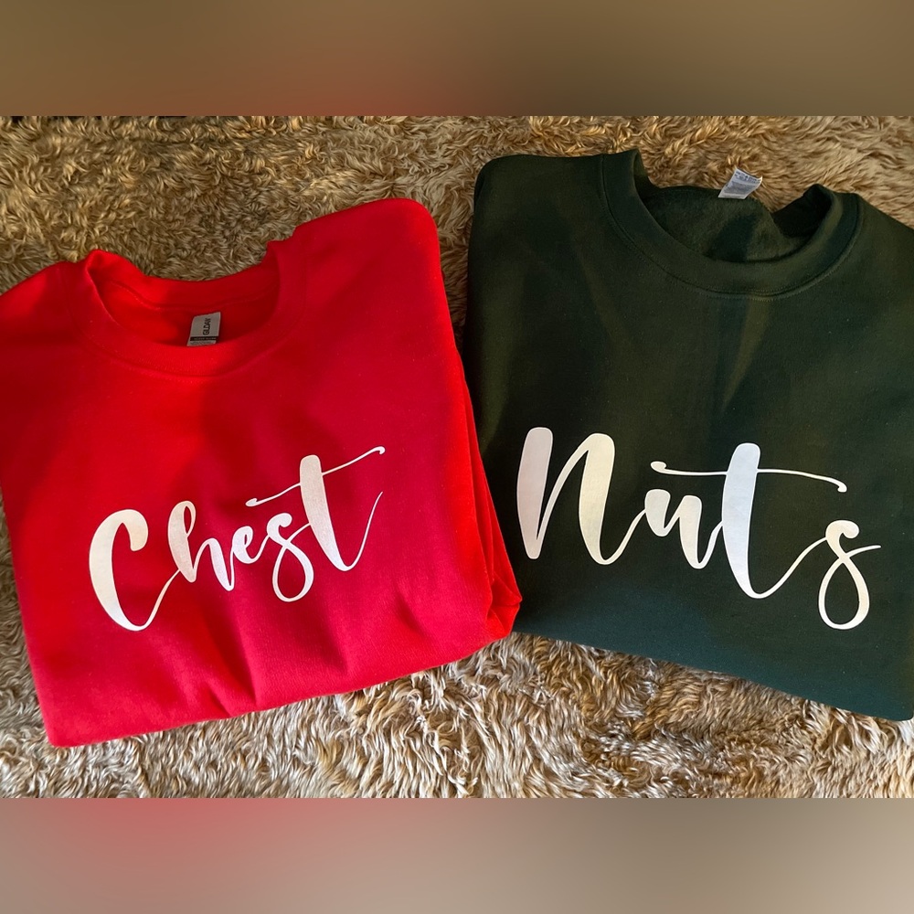 Couples Matching Holiday Sweatshirts - "Chest" & "Nuts" - Funny Christmas Set